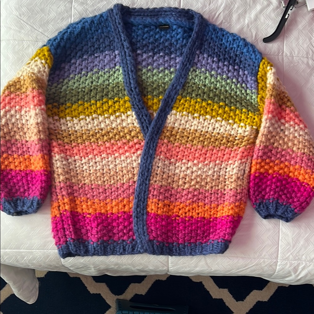 SAACHI Multicolor Chunky Knit Striped Cardigan - Blue, Pink, Purple, Yellow